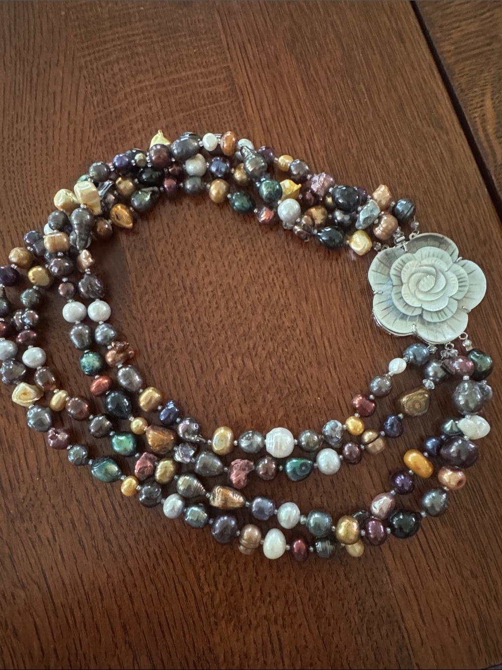 Multi-Color Freshwater Pearl Multi-Strand Necklace with Floral Clasp